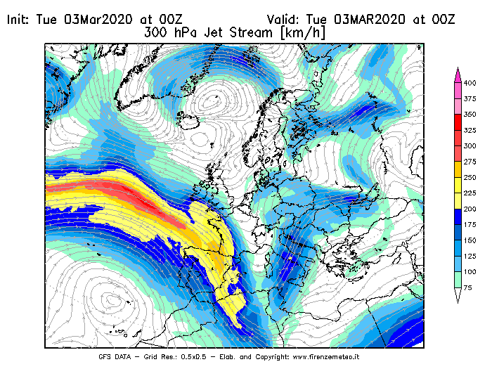 Mappa di analisi GFS - Jet Stream a 300 hPa in Europa
							del 03/03/2020 00 <!--googleoff: index-->UTC<!--googleon: index-->