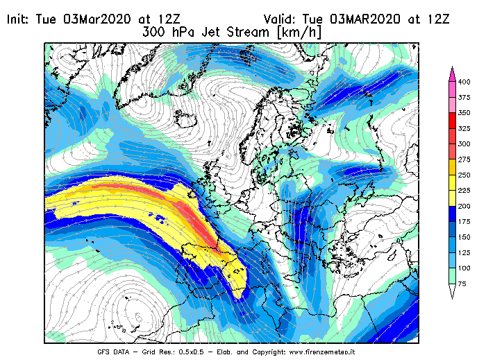Mappa di analisi GFS - Jet Stream a 300 hPa in Europa
							del 03/03/2020 12 <!--googleoff: index-->UTC<!--googleon: index-->
