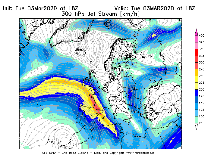 Mappa di analisi GFS - Jet Stream a 300 hPa in Europa
							del 03/03/2020 18 <!--googleoff: index-->UTC<!--googleon: index-->