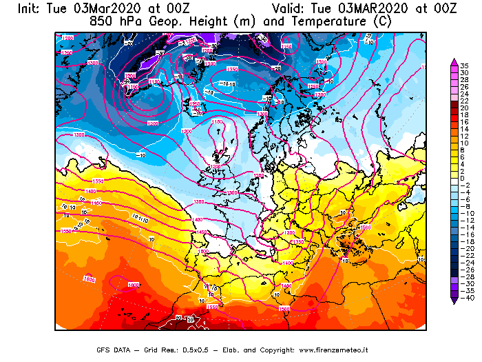 Mappa di analisi GFS - Geopotenziale [m] e Temperatura [°C] a 850 hPa in Europa
							del 03/03/2020 00 <!--googleoff: index-->UTC<!--googleon: index-->