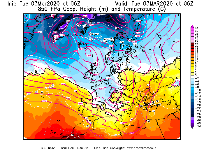 Mappa di analisi GFS - Geopotenziale [m] e Temperatura [°C] a 850 hPa in Europa
							del 03/03/2020 06 <!--googleoff: index-->UTC<!--googleon: index-->