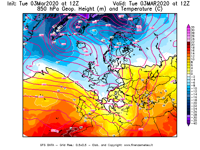 Mappa di analisi GFS - Geopotenziale [m] e Temperatura [°C] a 850 hPa in Europa
							del 03/03/2020 12 <!--googleoff: index-->UTC<!--googleon: index-->