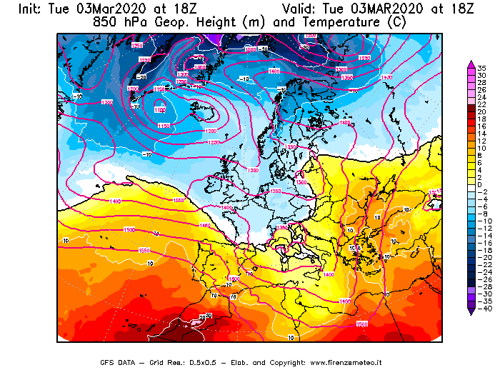 Mappa di analisi GFS - Geopotenziale [m] e Temperatura [°C] a 850 hPa in Europa
							del 03/03/2020 18 <!--googleoff: index-->UTC<!--googleon: index-->