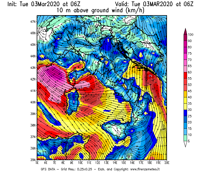 Mappa di analisi GFS - Velocità del vento a 10 metri dal suolo [km/h] in Italia
							del 03/03/2020 06 <!--googleoff: index-->UTC<!--googleon: index-->