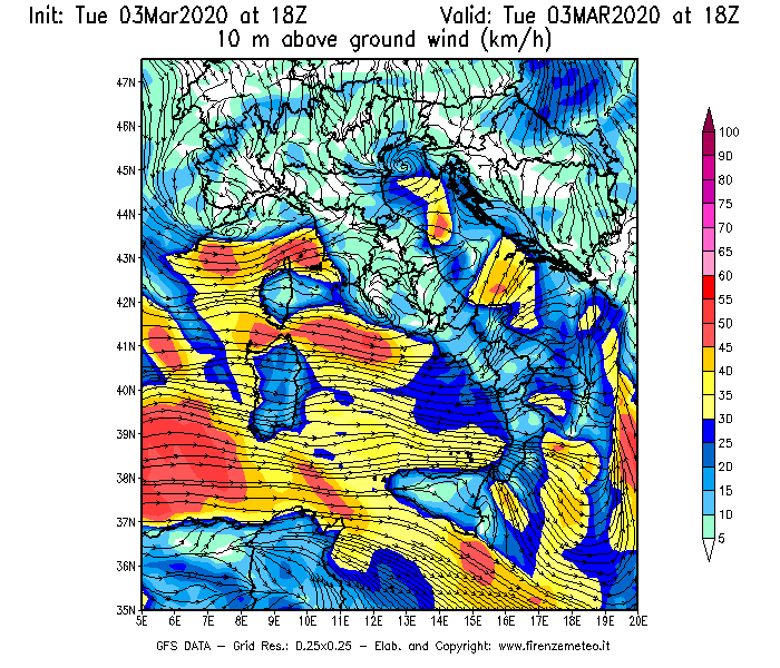 Mappa di analisi GFS - Velocità del vento a 10 metri dal suolo [km/h] in Italia
							del 03/03/2020 18 <!--googleoff: index-->UTC<!--googleon: index-->