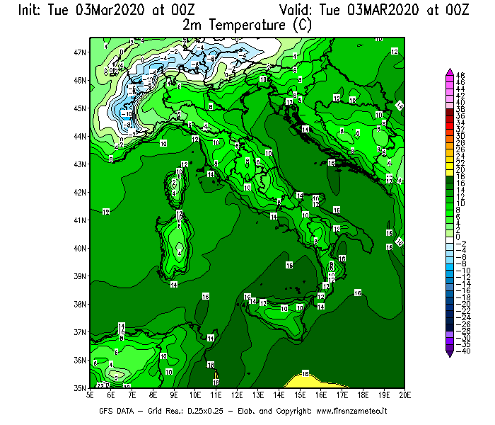 Mappa di analisi GFS - Temperatura a 2 metri dal suolo [°C] in Italia
							del 03/03/2020 00 <!--googleoff: index-->UTC<!--googleon: index-->