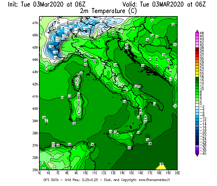 Mappa di analisi GFS - Temperatura a 2 metri dal suolo [°C] in Italia
							del 03/03/2020 06 <!--googleoff: index-->UTC<!--googleon: index-->
