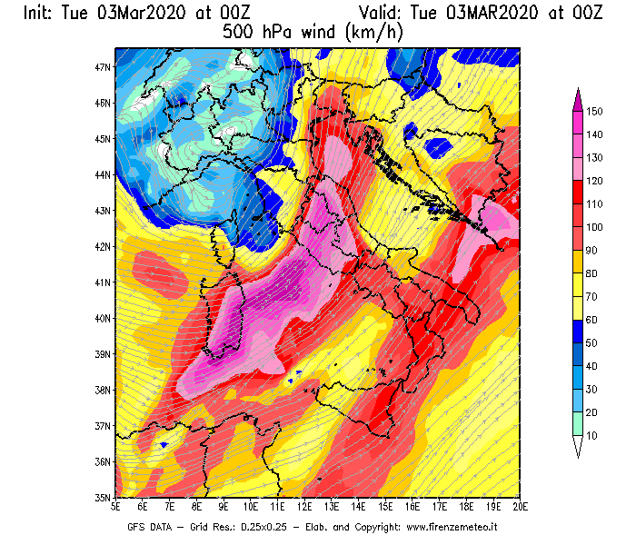 Mappa di analisi GFS - Velocità del vento a 500 hPa [km/h] in Italia
							del 03/03/2020 00 <!--googleoff: index-->UTC<!--googleon: index-->