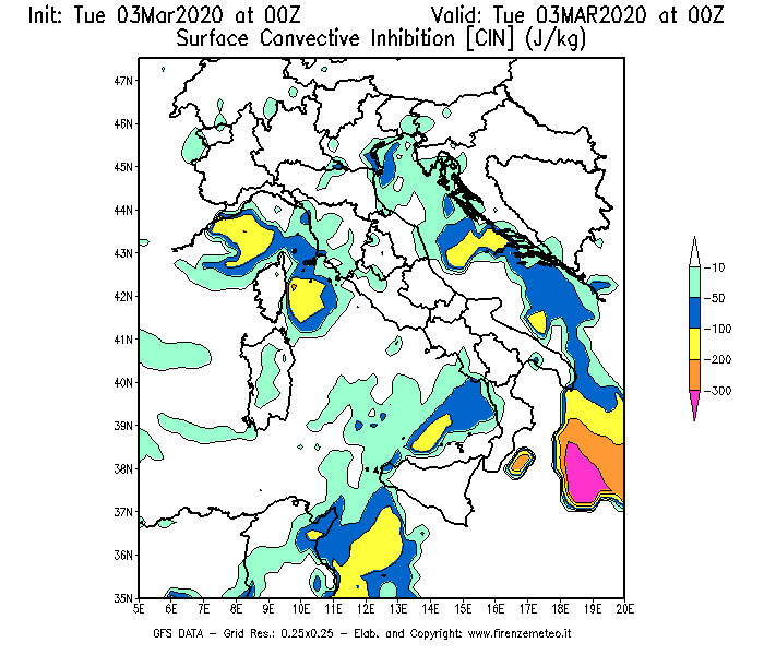 Mappa di analisi GFS - CIN [J/kg] in Italia
							del 03/03/2020 00 <!--googleoff: index-->UTC<!--googleon: index-->