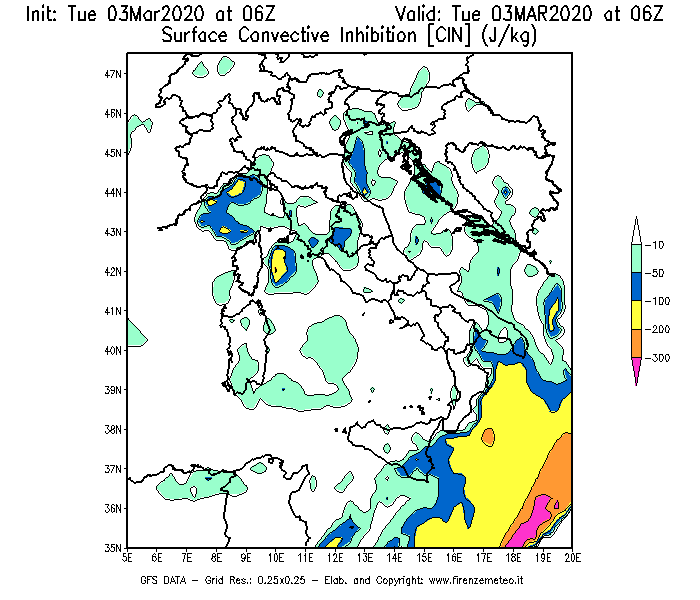 Mappa di analisi GFS - CIN [J/kg] in Italia
							del 03/03/2020 06 <!--googleoff: index-->UTC<!--googleon: index-->