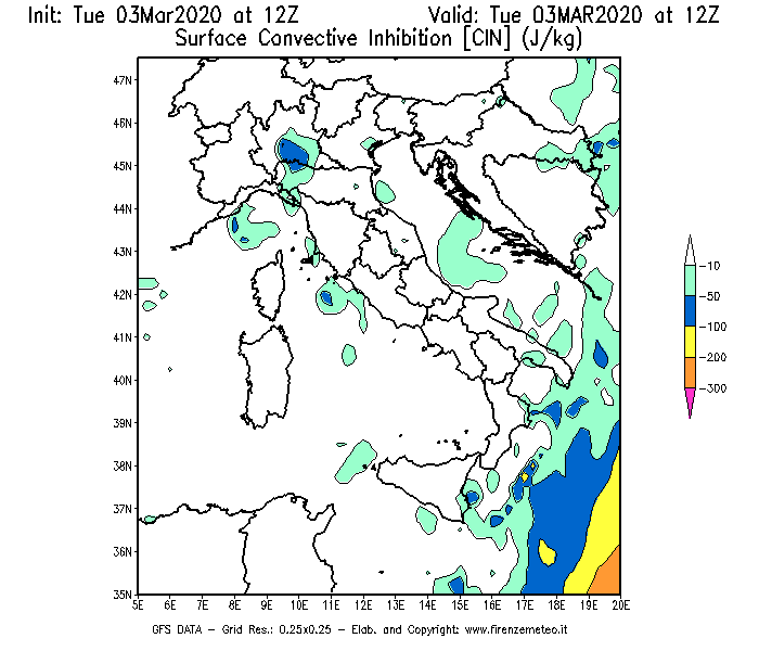 Mappa di analisi GFS - CIN [J/kg] in Italia
							del 03/03/2020 12 <!--googleoff: index-->UTC<!--googleon: index-->