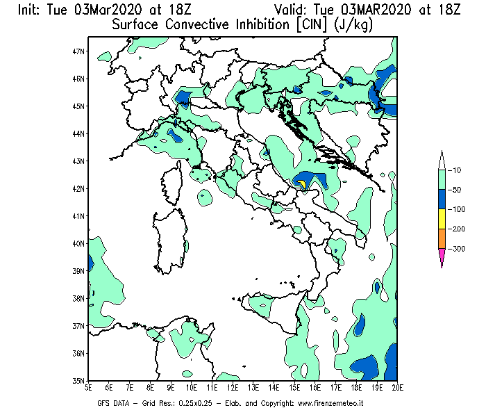 Mappa di analisi GFS - CIN [J/kg] in Italia
							del 03/03/2020 18 <!--googleoff: index-->UTC<!--googleon: index-->