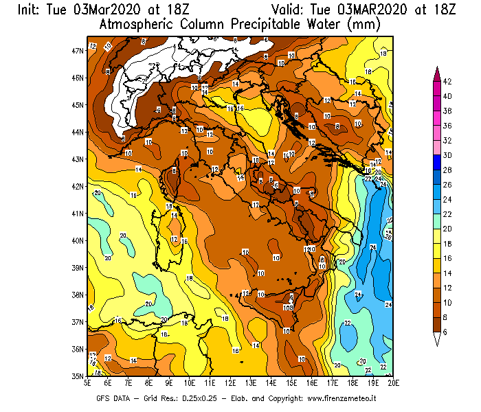 Mappa di analisi GFS - Precipitable Water [mm] in Italia
							del 03/03/2020 18 <!--googleoff: index-->UTC<!--googleon: index-->