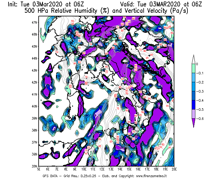 Mappa di analisi GFS - Umidità relativa [%] e Omega [Pa/s] a 500 hPa in Italia
							del 03/03/2020 06 <!--googleoff: index-->UTC<!--googleon: index-->