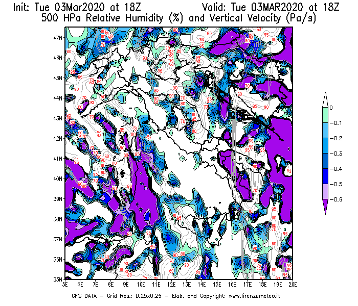 Mappa di analisi GFS - Umidità relativa [%] e Omega [Pa/s] a 500 hPa in Italia
							del 03/03/2020 18 <!--googleoff: index-->UTC<!--googleon: index-->