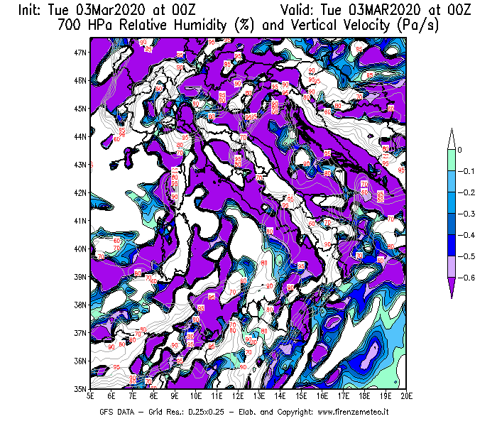 Mappa di analisi GFS - Umidità relativa [%] e Omega [Pa/s] a 700 hPa in Italia
							del 03/03/2020 00 <!--googleoff: index-->UTC<!--googleon: index-->