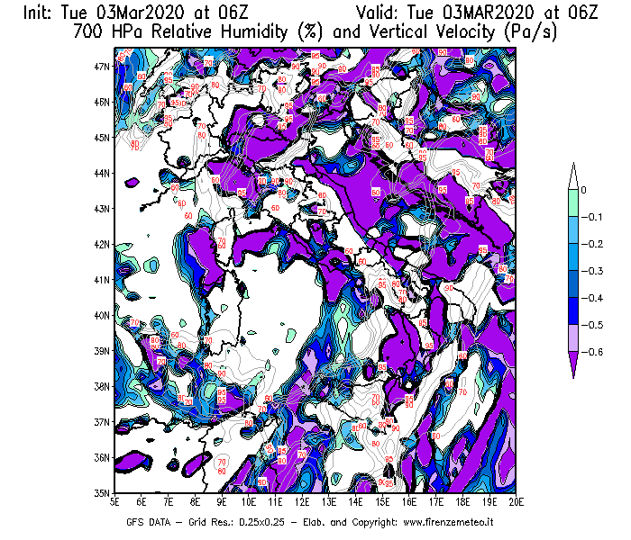 Mappa di analisi GFS - Umidità relativa [%] e Omega [Pa/s] a 700 hPa in Italia
							del 03/03/2020 06 <!--googleoff: index-->UTC<!--googleon: index-->