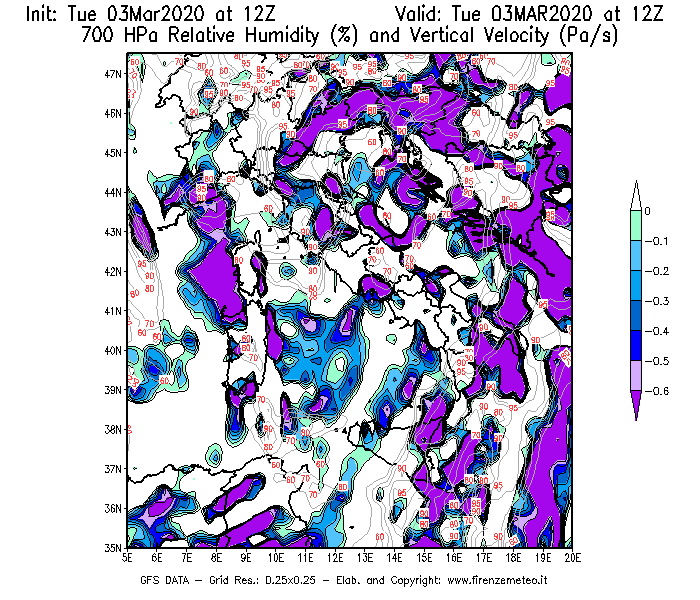 Mappa di analisi GFS - Umidità relativa [%] e Omega [Pa/s] a 700 hPa in Italia
							del 03/03/2020 12 <!--googleoff: index-->UTC<!--googleon: index-->