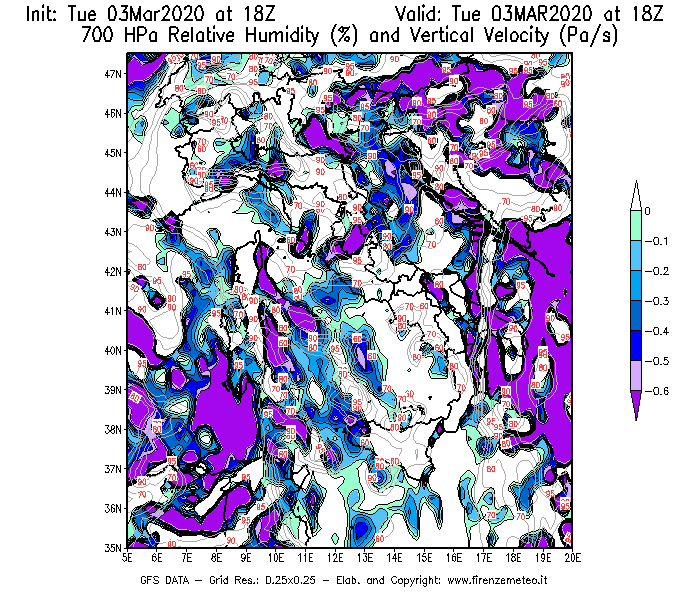 Mappa di analisi GFS - Umidità relativa [%] e Omega [Pa/s] a 700 hPa in Italia
							del 03/03/2020 18 <!--googleoff: index-->UTC<!--googleon: index-->
