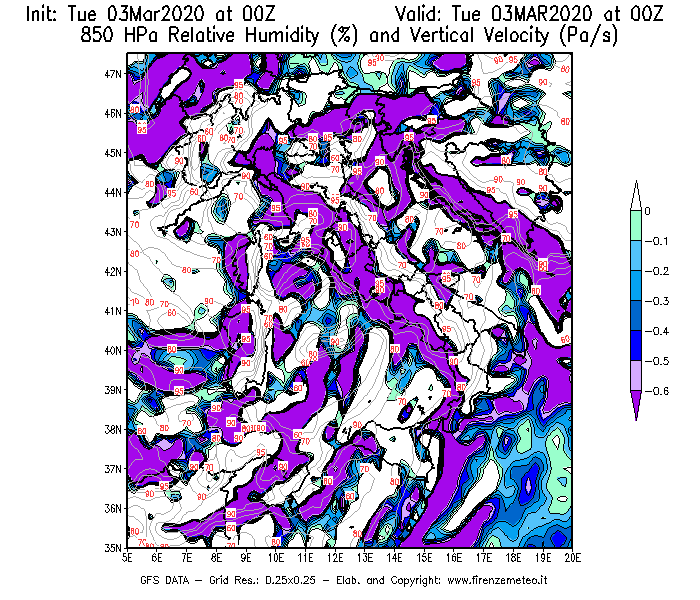 Mappa di analisi GFS - Umidità relativa [%] e Omega [Pa/s] a 850 hPa in Italia
							del 03/03/2020 00 <!--googleoff: index-->UTC<!--googleon: index-->