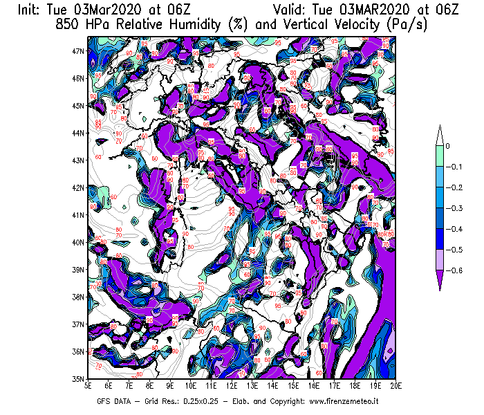 Mappa di analisi GFS - Umidità relativa [%] e Omega [Pa/s] a 850 hPa in Italia
							del 03/03/2020 06 <!--googleoff: index-->UTC<!--googleon: index-->