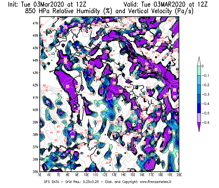 Mappa di analisi GFS - Umidità relativa [%] e Omega [Pa/s] a 850 hPa in Italia
							del 03/03/2020 12 <!--googleoff: index-->UTC<!--googleon: index-->
