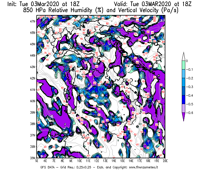 Mappa di analisi GFS - Umidità relativa [%] e Omega [Pa/s] a 850 hPa in Italia
							del 03/03/2020 18 <!--googleoff: index-->UTC<!--googleon: index-->