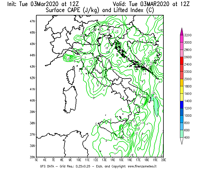Mappa di analisi GFS - CAPE [J/kg] e Lifted Index [°C] in Italia
							del 03/03/2020 12 <!--googleoff: index-->UTC<!--googleon: index-->