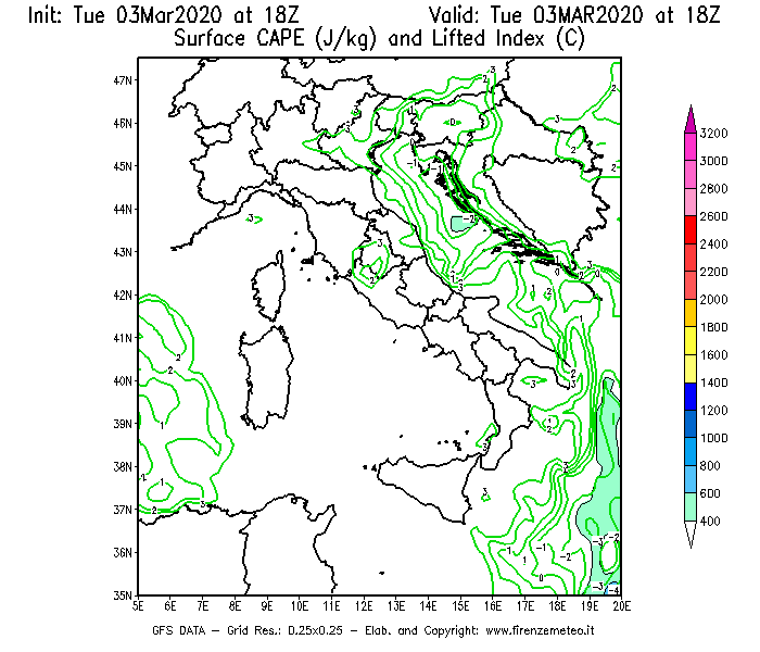 Mappa di analisi GFS - CAPE [J/kg] e Lifted Index [°C] in Italia
							del 03/03/2020 18 <!--googleoff: index-->UTC<!--googleon: index-->