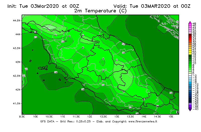 Mappa di analisi GFS - Temperatura a 2 metri dal suolo [°C] in Centro-Italia
							del 03/03/2020 00 <!--googleoff: index-->UTC<!--googleon: index-->