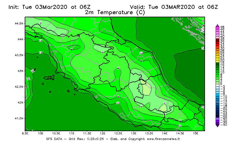 Mappa di analisi GFS - Temperatura a 2 metri dal suolo [°C] in Centro-Italia
							del 03/03/2020 06 <!--googleoff: index-->UTC<!--googleon: index-->