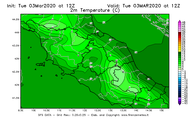 Mappa di analisi GFS - Temperatura a 2 metri dal suolo [°C] in Centro-Italia
							del 03/03/2020 12 <!--googleoff: index-->UTC<!--googleon: index-->