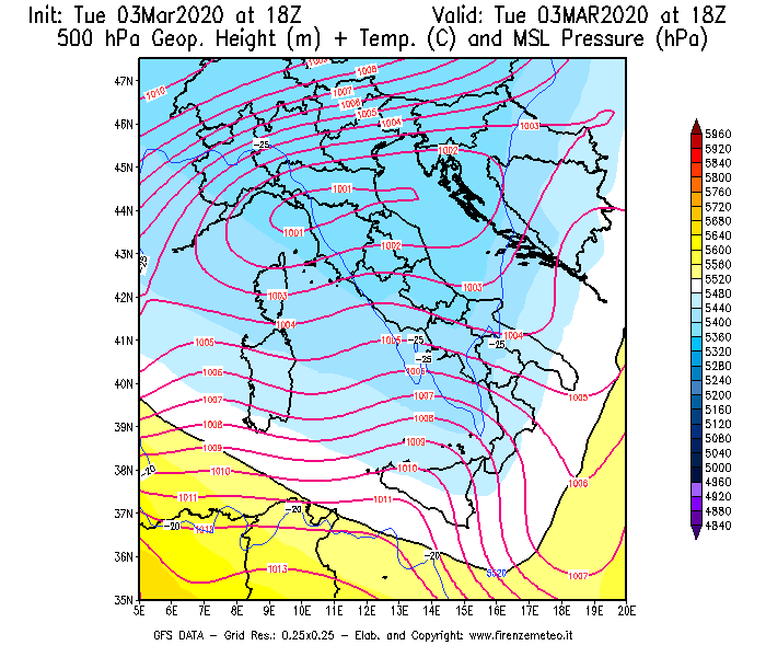 Mappa di analisi GFS - Geopotenziale [m] + Temp. [°C] a 500 hPa + Press. a livello del mare [hPa] in Italia
							del 03/03/2020 18 <!--googleoff: index-->UTC<!--googleon: index-->
