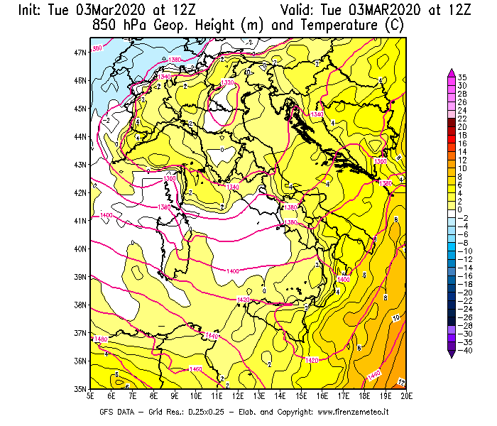 Mappa di analisi GFS - Geopotenziale [m] e Temperatura [°C] a 850 hPa in Italia
							del 03/03/2020 12 <!--googleoff: index-->UTC<!--googleon: index-->