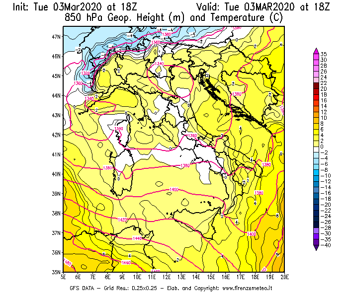 Mappa di analisi GFS - Geopotenziale [m] e Temperatura [°C] a 850 hPa in Italia
							del 03/03/2020 18 <!--googleoff: index-->UTC<!--googleon: index-->