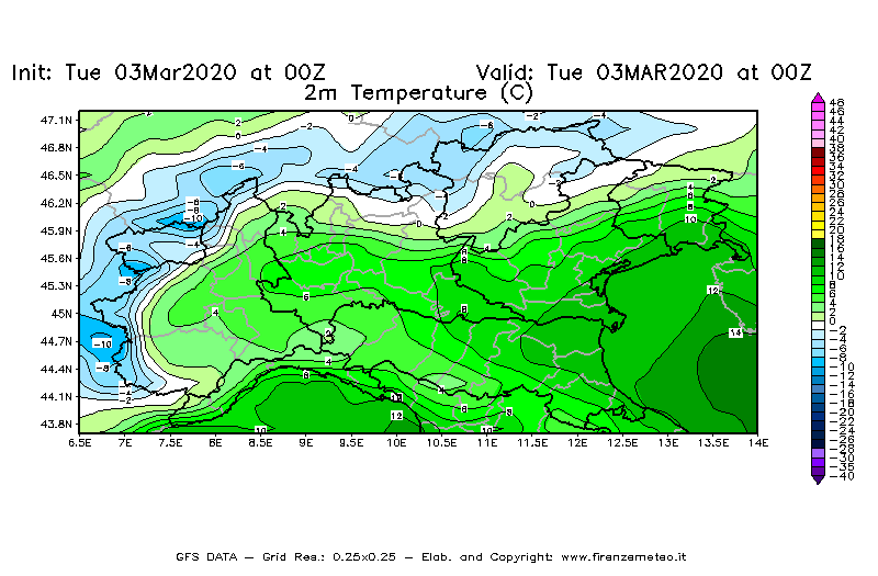 Mappa di analisi GFS - Temperatura a 2 metri dal suolo [°C] in Nord-Italia
							del 03/03/2020 00 <!--googleoff: index-->UTC<!--googleon: index-->