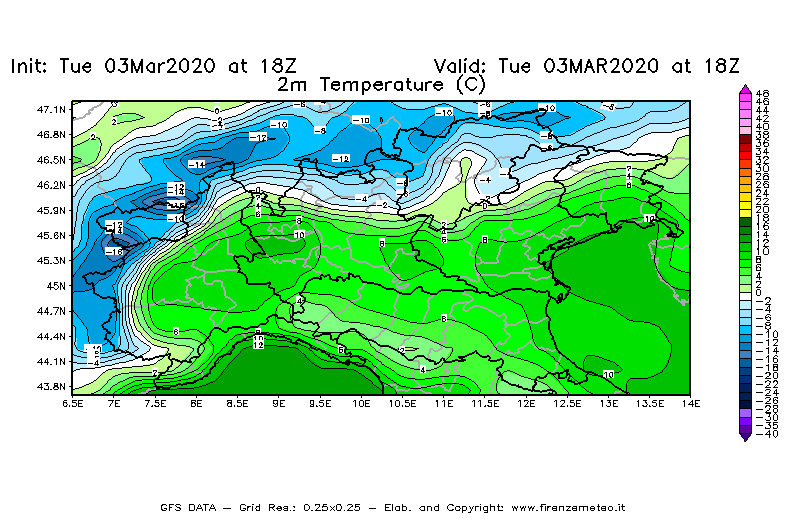 Mappa di analisi GFS - Temperatura a 2 metri dal suolo [°C] in Nord-Italia
							del 03/03/2020 18 <!--googleoff: index-->UTC<!--googleon: index-->
