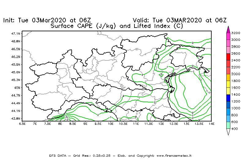 Mappa di analisi GFS - CAPE [J/kg] e Lifted Index [°C] in Nord-Italia
							del 03/03/2020 06 <!--googleoff: index-->UTC<!--googleon: index-->