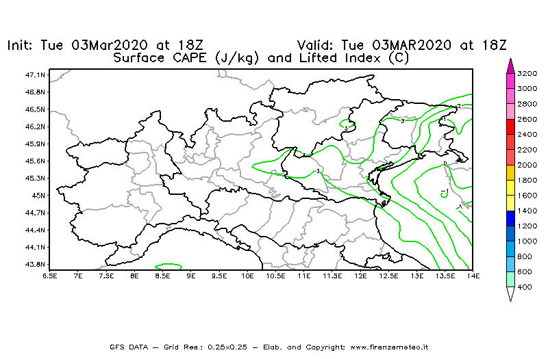 Mappa di analisi GFS - CAPE [J/kg] e Lifted Index [°C] in Nord-Italia
							del 03/03/2020 18 <!--googleoff: index-->UTC<!--googleon: index-->