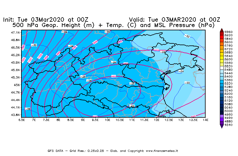 Mappa di analisi GFS - Geopotenziale [m] + Temp. [°C] a 500 hPa + Press. a livello del mare [hPa] in Nord-Italia
							del 03/03/2020 00 <!--googleoff: index-->UTC<!--googleon: index-->