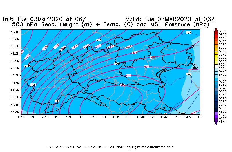 Mappa di analisi GFS - Geopotenziale [m] + Temp. [°C] a 500 hPa + Press. a livello del mare [hPa] in Nord-Italia
							del 03/03/2020 06 <!--googleoff: index-->UTC<!--googleon: index-->