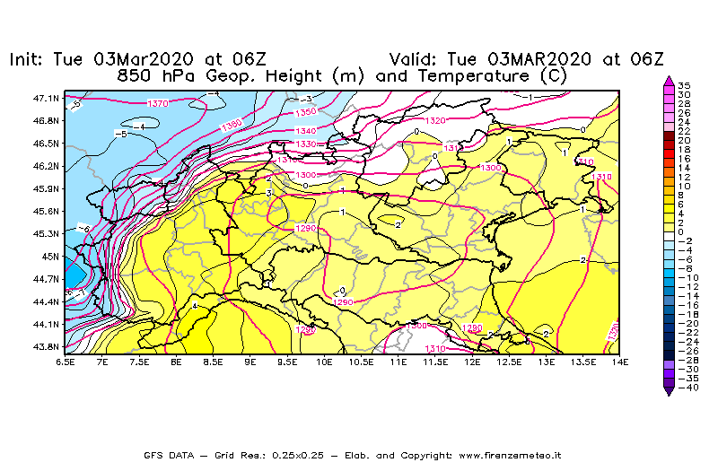 Mappa di analisi GFS - Geopotenziale [m] e Temperatura [°C] a 850 hPa in Nord-Italia
							del 03/03/2020 06 <!--googleoff: index-->UTC<!--googleon: index-->