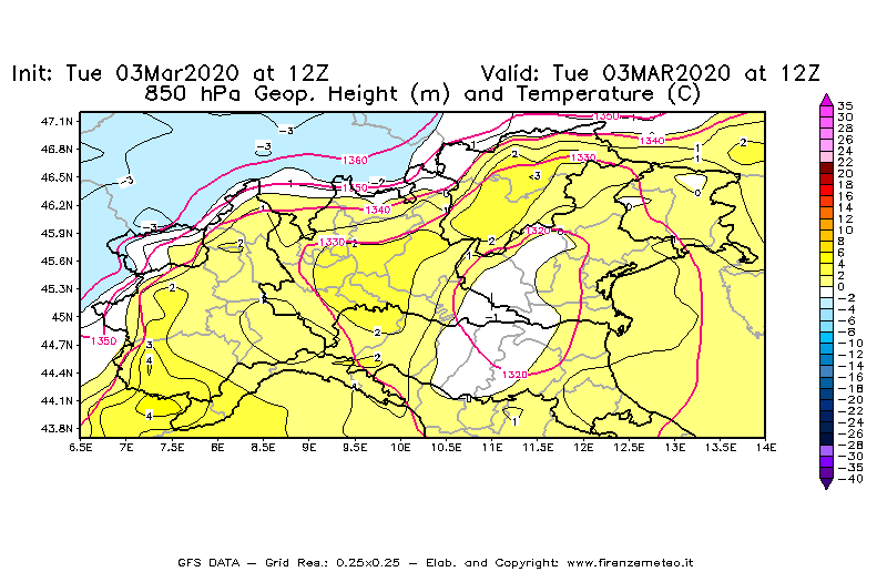 Mappa di analisi GFS - Geopotenziale [m] e Temperatura [°C] a 850 hPa in Nord-Italia
							del 03/03/2020 12 <!--googleoff: index-->UTC<!--googleon: index-->