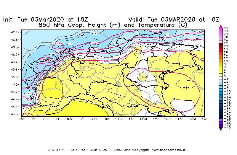 Mappa di analisi GFS - Geopotenziale [m] e Temperatura [°C] a 850 hPa in Nord-Italia
							del 03/03/2020 18 <!--googleoff: index-->UTC<!--googleon: index-->