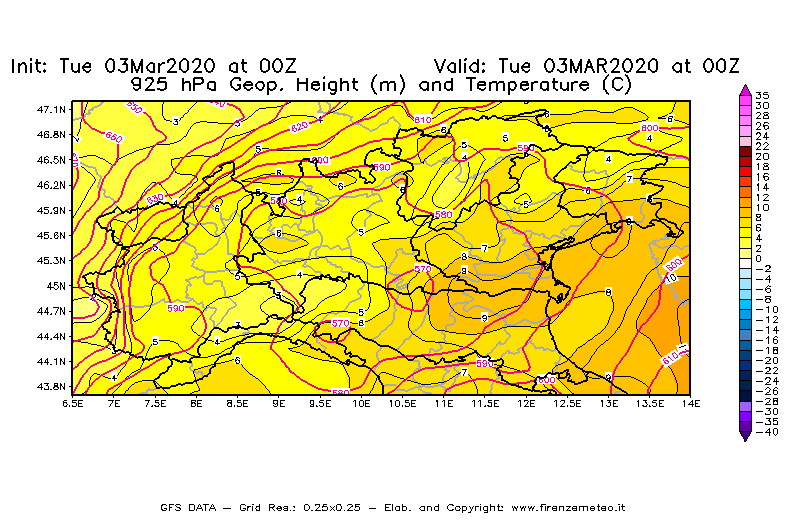 Mappa di analisi GFS - Geopotenziale [m] e Temperatura [°C] a 925 hPa in Nord-Italia
							del 03/03/2020 00 <!--googleoff: index-->UTC<!--googleon: index-->