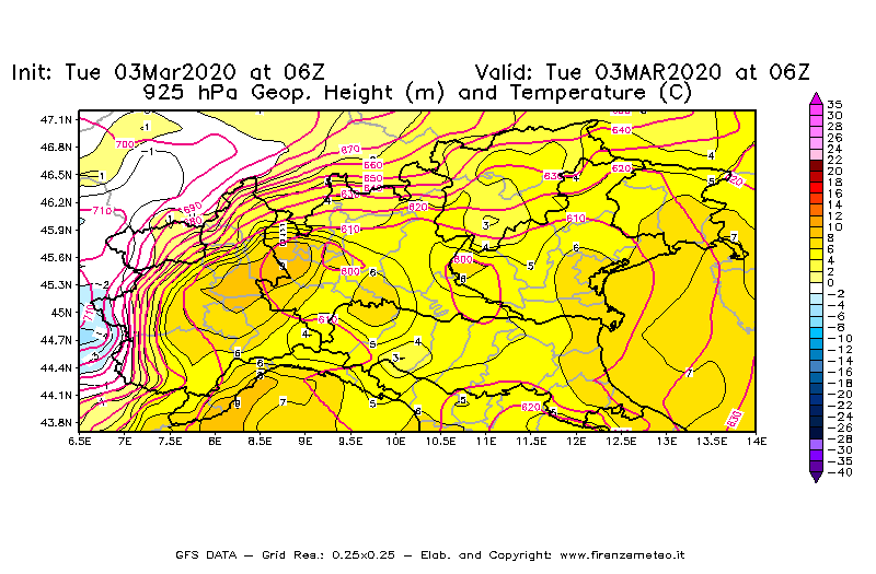 Mappa di analisi GFS - Geopotenziale [m] e Temperatura [°C] a 925 hPa in Nord-Italia
							del 03/03/2020 06 <!--googleoff: index-->UTC<!--googleon: index-->