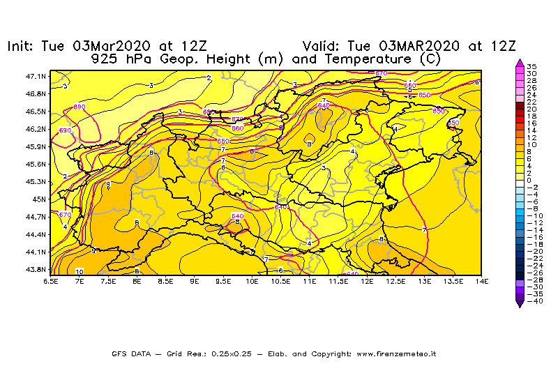Mappa di analisi GFS - Geopotenziale [m] e Temperatura [°C] a 925 hPa in Nord-Italia
							del 03/03/2020 12 <!--googleoff: index-->UTC<!--googleon: index-->