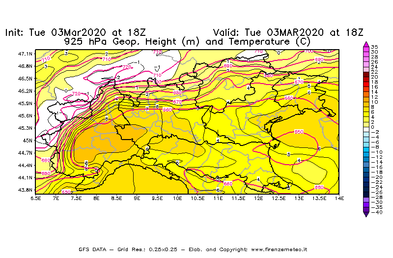 Mappa di analisi GFS - Geopotenziale [m] e Temperatura [°C] a 925 hPa in Nord-Italia
							del 03/03/2020 18 <!--googleoff: index-->UTC<!--googleon: index-->