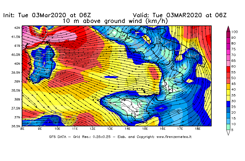 Mappa di analisi GFS - Velocità del vento a 10 metri dal suolo [km/h] in Sud-Italia
							del 03/03/2020 06 <!--googleoff: index-->UTC<!--googleon: index-->