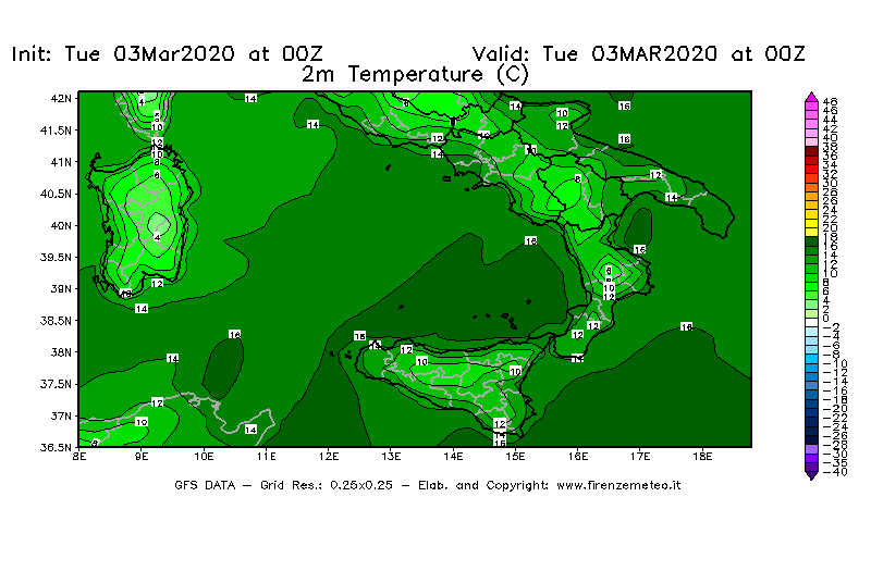 Mappa di analisi GFS - Temperatura a 2 metri dal suolo [°C] in Sud-Italia
							del 03/03/2020 00 <!--googleoff: index-->UTC<!--googleon: index-->